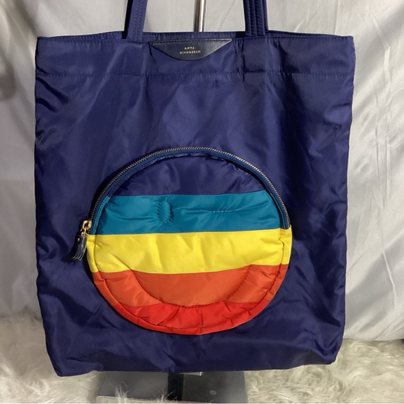 Anya Hindmarch Striped Smiley Wink Face Nylon Blue Tote Bag EUC - Picture 14 of 14
